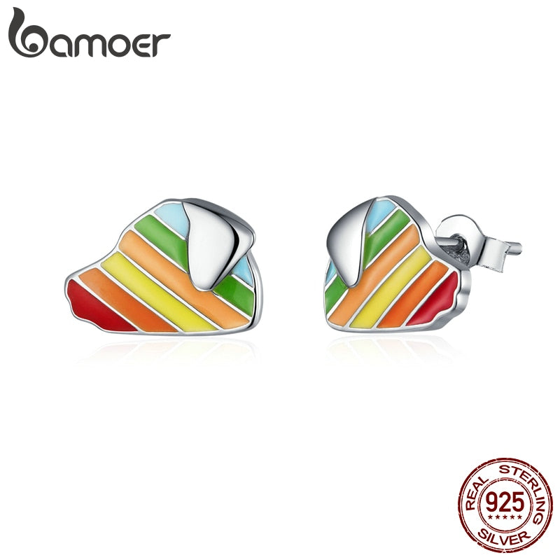 bamoer Rainbow Enamel Stud Earrings for Women 925 Sterling Silver Animal Fish Cat and Dog Fashion Jewelry Bijoux SCE823