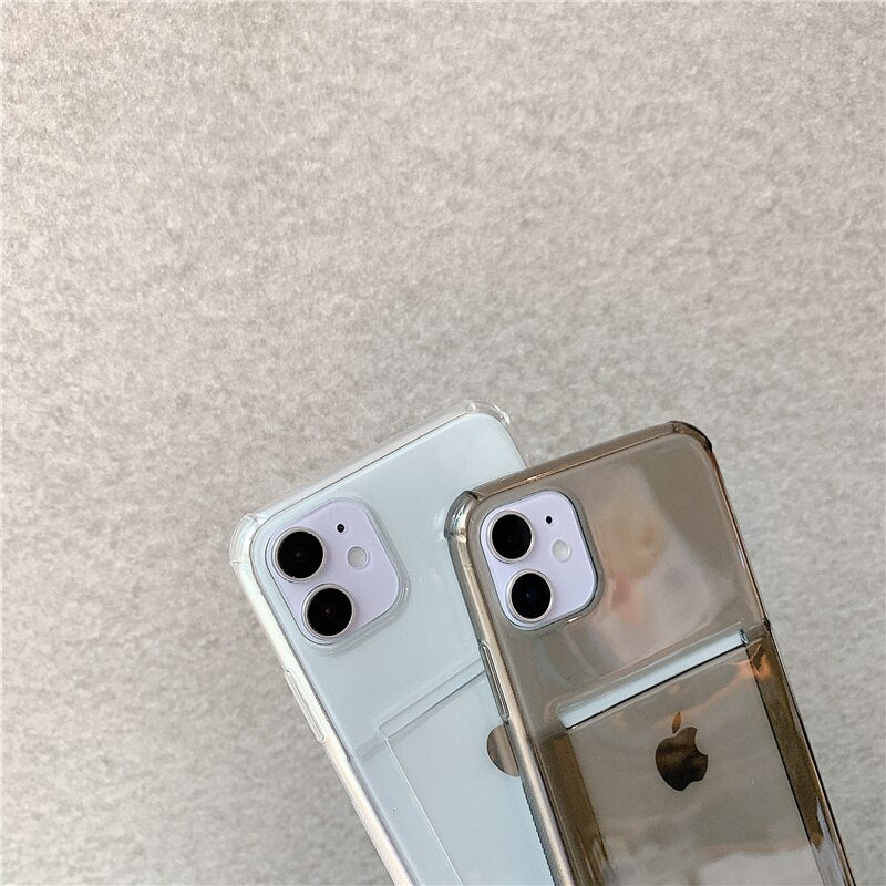 Clear Card Holder Phone Case For iPhone 12 Mini 11 Pro Max XS MAX XR X 7 8 Plus Bumper Solid Color Credit Slot Back Cover