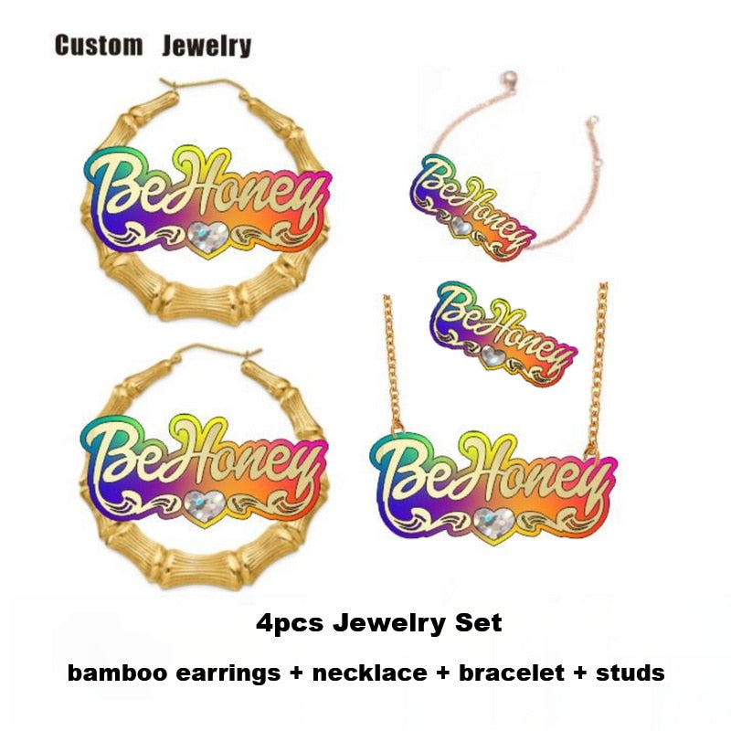 BeHoney Mode Einfach Persönlichkeit Acryl Name Bambus Ohrringe Cartoons Regenbogen Name Halskette Schmuck Weihnachtsgeschenk C4