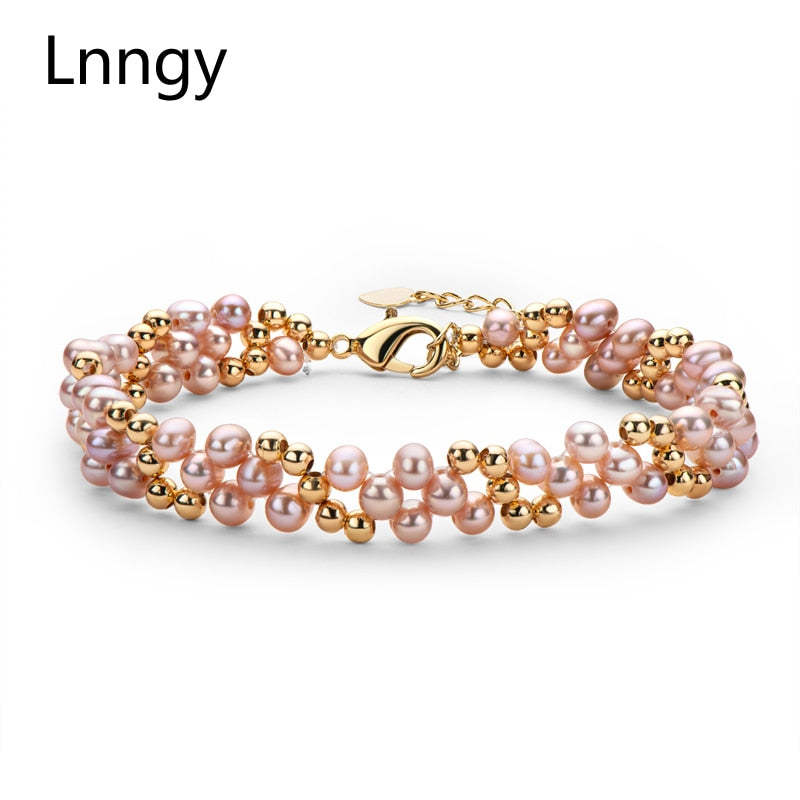 Lnngy 14K Gold Filled Multi-layered Bracelet 4-5mm Natural Freshwater Oval Pearl Twisted Fashion Bracelet Women Bangle Jewelry