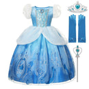 VOGUEON Girl Cinderella Princess Halloween Party Costume Short Sleeve Blue Fancy Ball Gown Children Fancy Birthday Clothes Frock