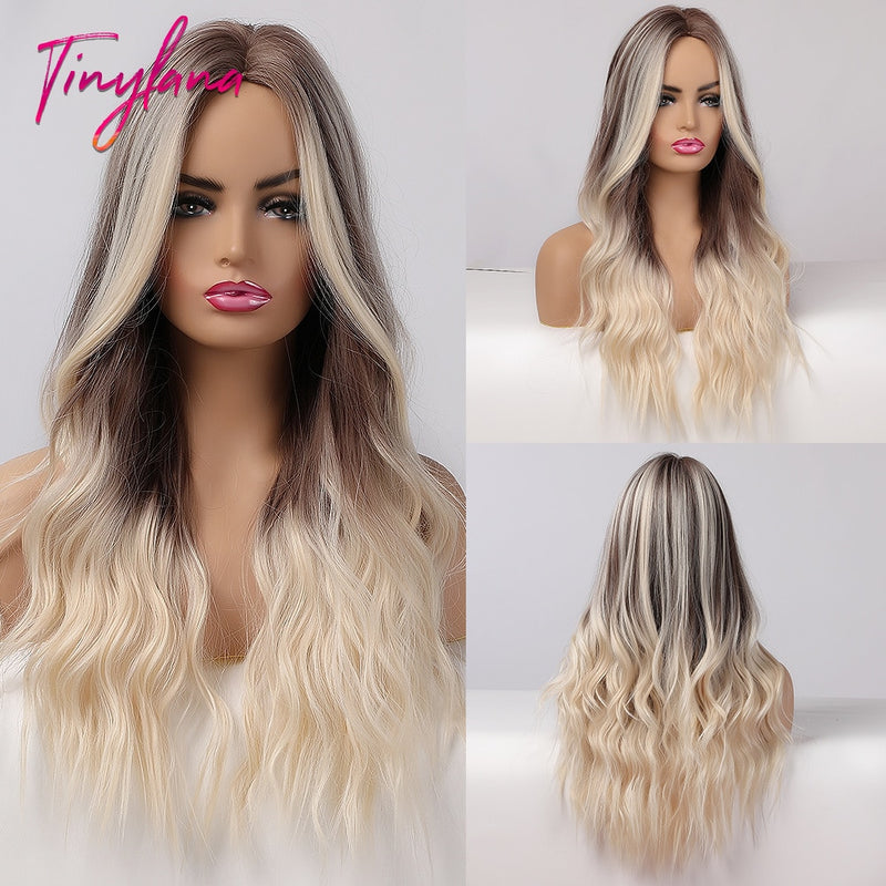 TINY LANA Synthetic Long Ombre Wavy Wigs Brown Blonde Middle Part Cosplay Wigs with Bangs For Women Long Hair Wigs Fake Hair