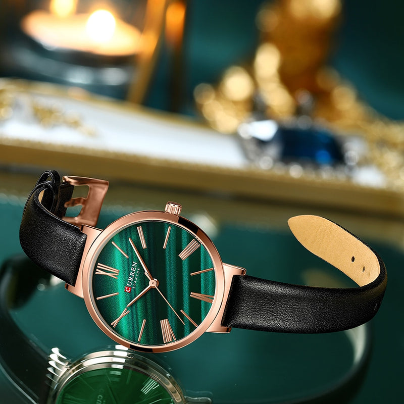 CURREN Fashion Luxury Watches for Women Malachite Green Quartz Dress Bracelet Wristwatch with Leather Female Clock