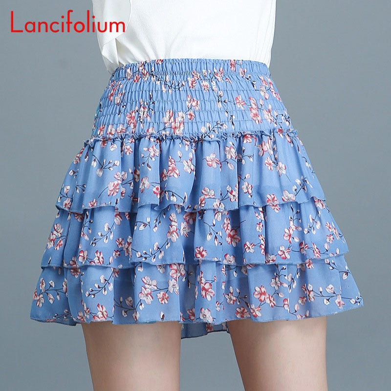 Cake Skirt Women Floral A Line Chiffon Mini Skirt Korean Kawaii Elastic High Waist Tiered Black White School Pleated Skirts B006