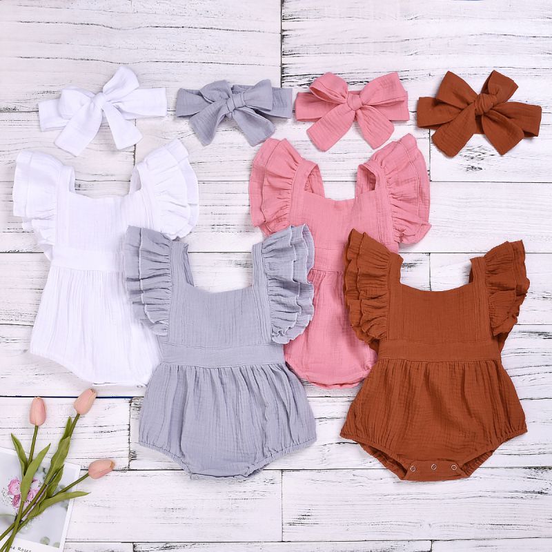 Baywell Cotton Baby Girl Clothes Summer New Double Gauze Kids Ruffle Romper Jumpsuit Headband Pink Playsuit For Newborn 3M