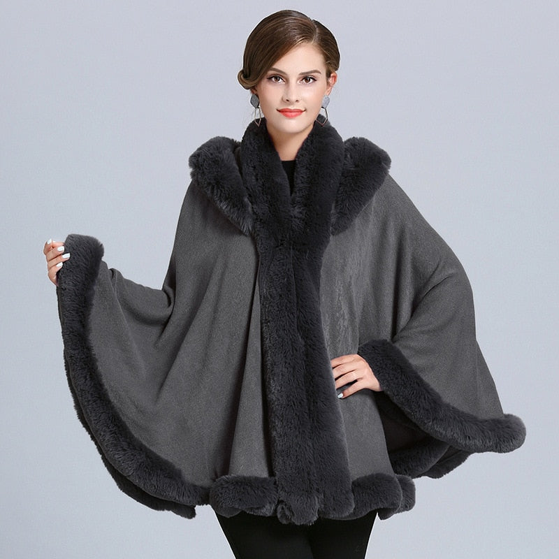 5 Color Winter Cape Thick Grey Black 2022 Poncho Women Faux Fur Neck Knitted Cloak Plus Size Big Pendulum Dovetail Cardigan Coat