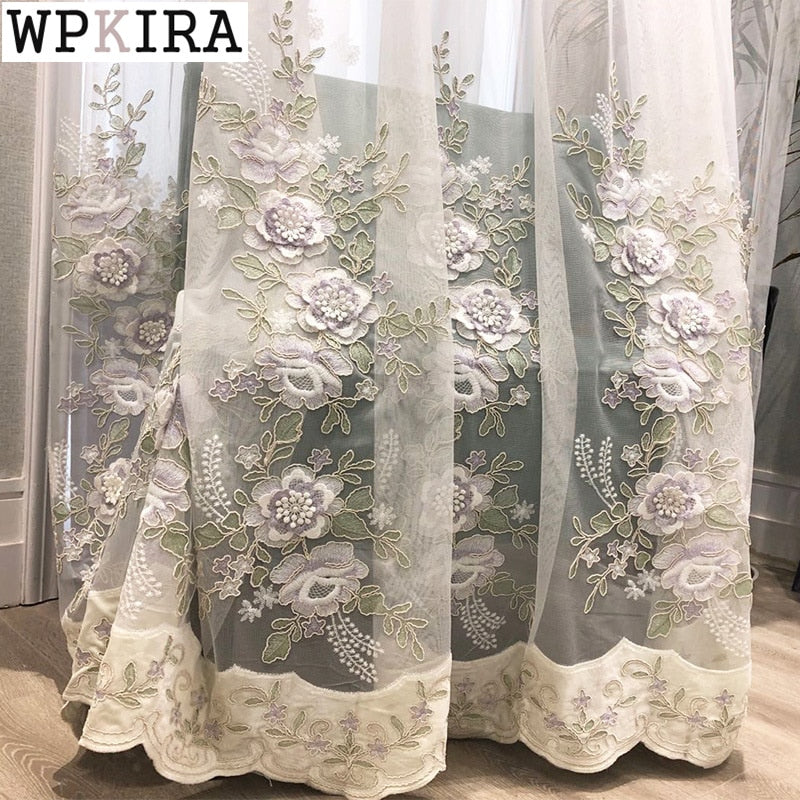 Cortina de gasa bordada de terciopelo romántico francés para sala de estar patrón Floral cortina transparente delicada persianas de dormitorio S467