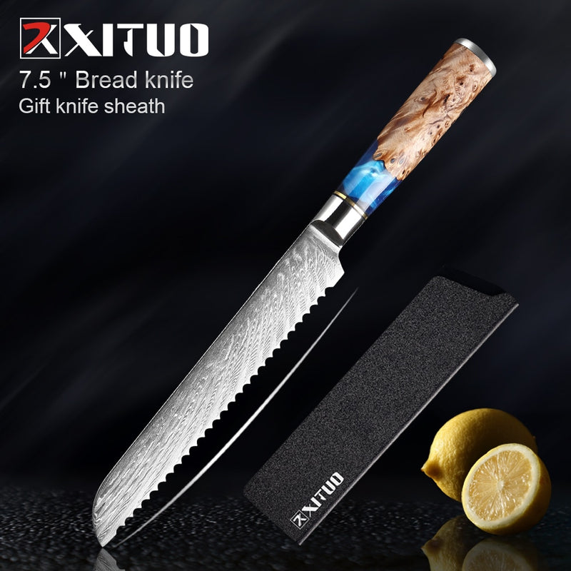 Juego de cuchillos de cocina XITUO, cuchillo de Chef de acero de Damasco, cuchillo de carnicero para pelar, cuchillo de pan, herramienta de cocina, mango de resina azul, 1-6 unids/set