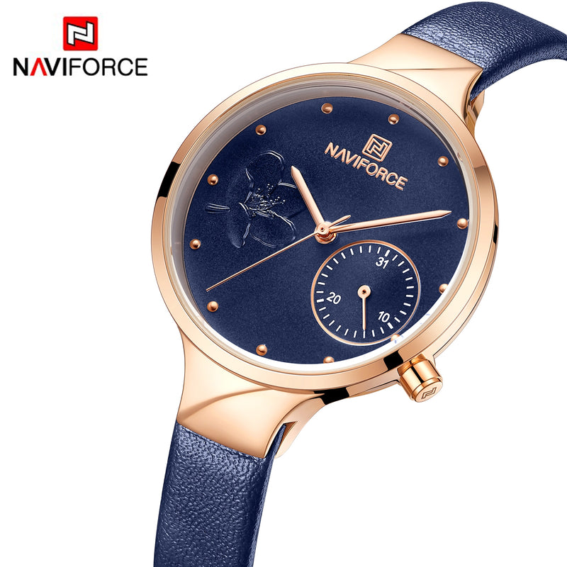 NAVIFORCE Women Fashion Blue Quartz Watch Lady Leather Watchband High Quality Casual Waterproof Wristwatch Gift for Wife 2019