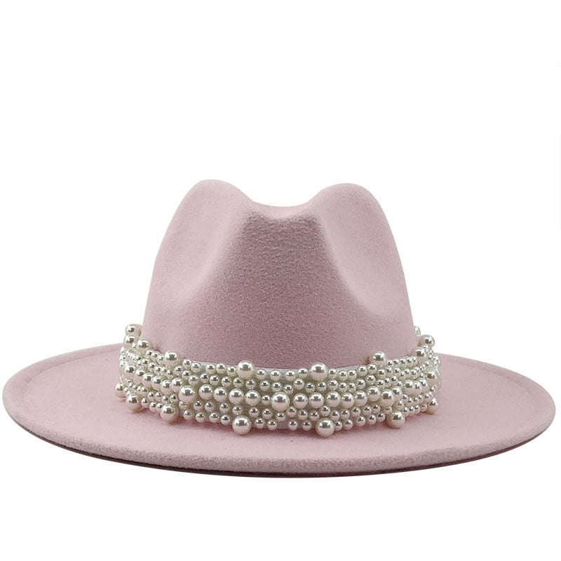 Sombreros de fieltro de lana Jazz para hombre y mujer, sombrero de fieltro con cinta de perlas de cuero, blanco, rosa, amarillo, sombrero de fiesta Formal Trilby de Panamá, 58-61CM