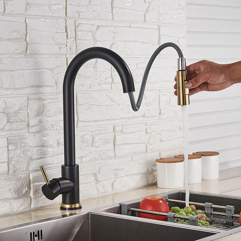 Senlesen Brushed Golden Kitchen Faucet Pull Out Spout Stainless Steel W/ Pull Down Sprayer Single Handle Kitchen Sink Faucets