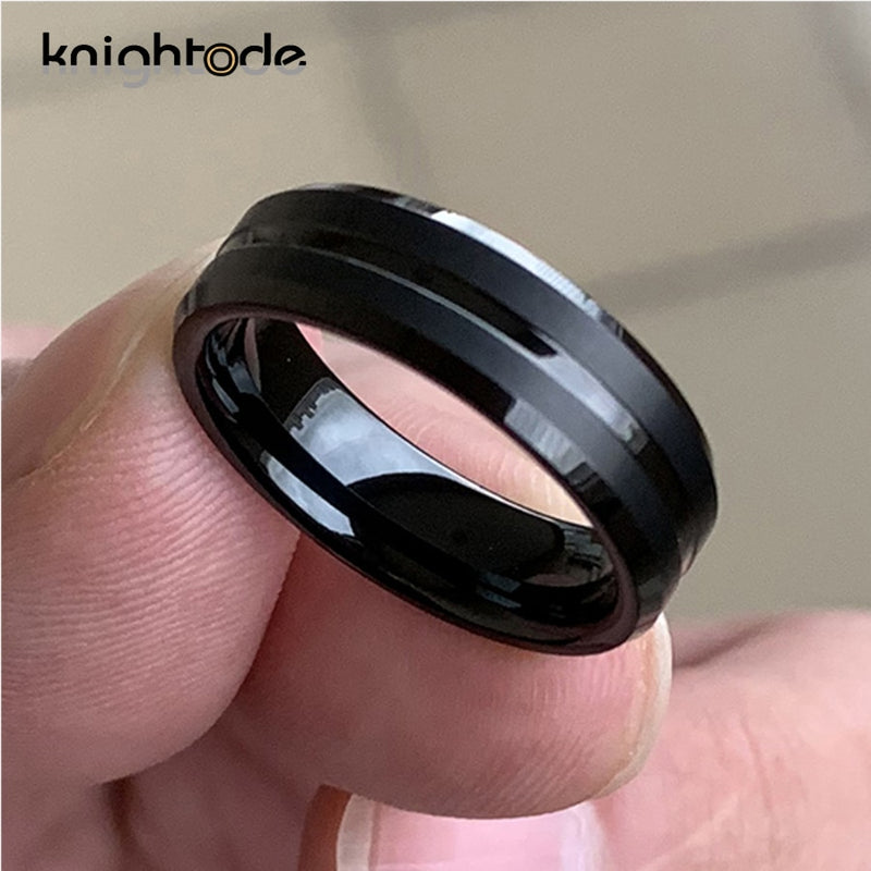 Anillos de carburo de tungsteno negro de 8mm/6mm para fiesta de moda, banda de boda para hombres y mujeres, bordes biselados centrales acanalados, ajuste cómodo mate