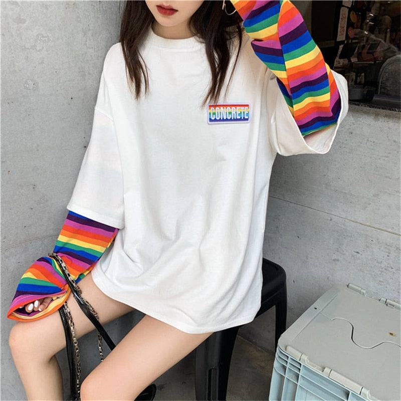 Hirsionsan Rainbow Kawaii T Shirt Women 2020 New Spring Long Sleeve Harajuku Tees Casual Student Tops Stripe Oversized Clothes