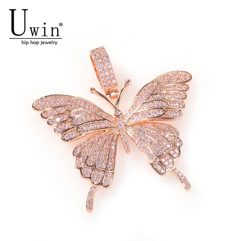 Uwin Iconic Butterfly Pendant 9mm Rose Gold Cuban Chain Cubic Charm Pink Tennis Chain Necklace Men Women Hip Hop Jewelry Gift