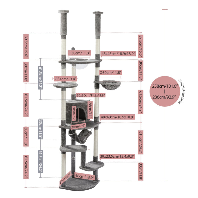 Torre de árbol alto para gatos con poste rascador Altura ajustable Plataforma multicapa con hamacas suaves Condominio Nido transparente