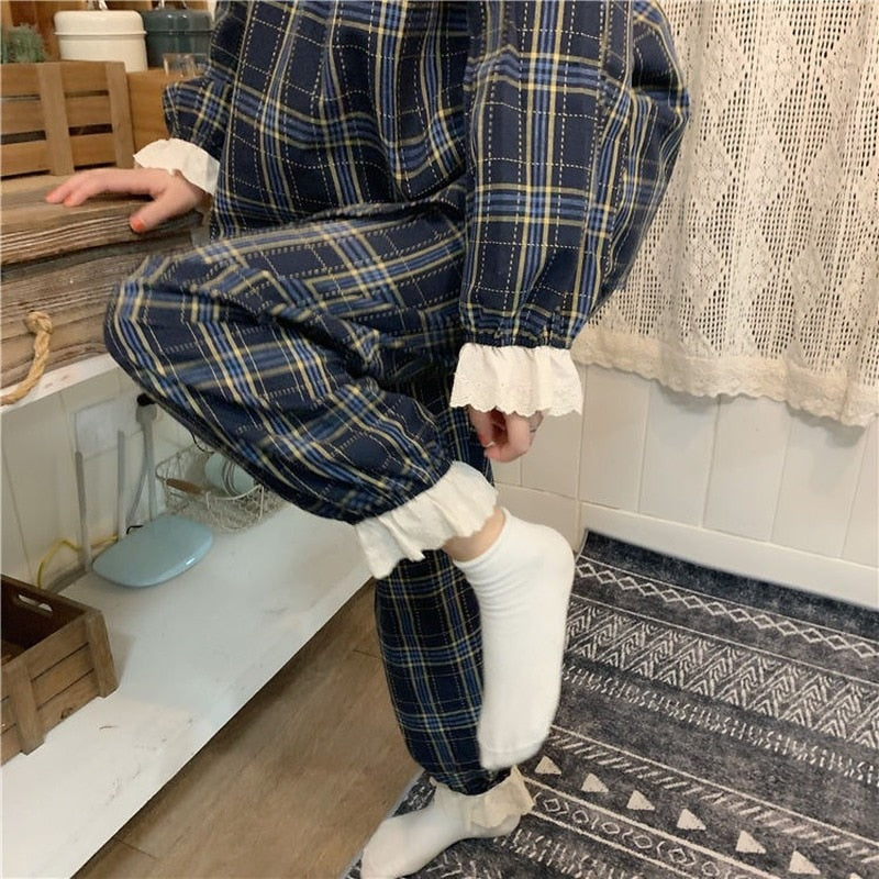 Conjuntos de pijama para mujer, ropa de casa de algodón a cuadros con lazo de encaje, Patchwork corto Kawaii para mujer, lindo estilo Lolita, pijama de 2 piezas 2020 nuevo
