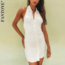 Fantoye negro sin espalda Halter Mini Vestido fruncido mujeres 2021 elegante sin mangas mujeres Vestido ajustado primavera vestido de un solo pecho