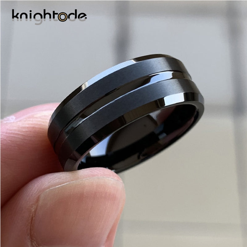 Anillos de carburo de tungsteno negro de 8mm/6mm para fiesta de moda, banda de boda para hombres y mujeres, bordes biselados centrales acanalados, ajuste cómodo mate