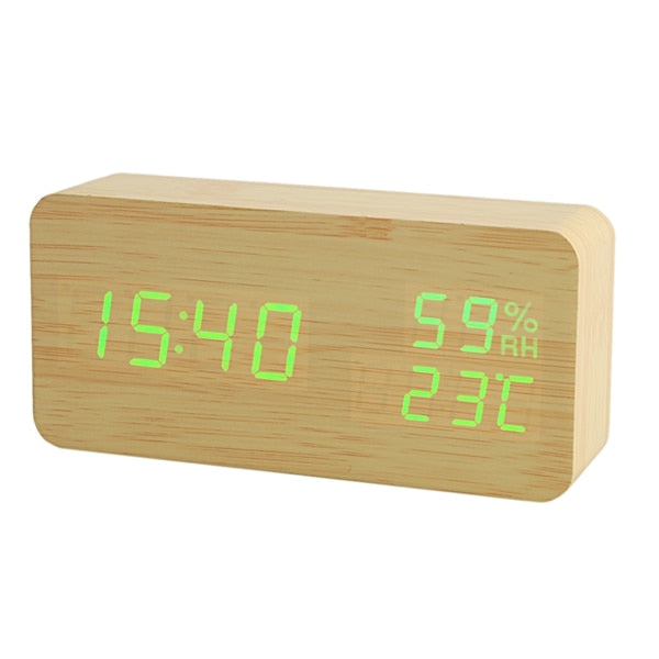 Reloj despertador LED Digital de madera alimentado por USB/AAA, reloj de mesa con temperatura, humedad, Control de voz, despertador, relojes electrónicos de escritorio