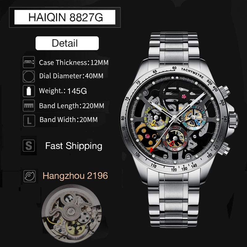 HAIQIN men watches 2020 luxury automatic top brand luxury mechanical wrist watches for men skeleton 5Br waterproof Reloj hombres
