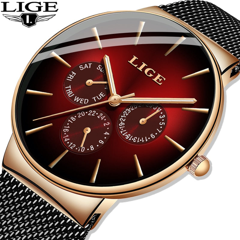 LIGE New Fashion Mens Watches Top Brand Luxury Quartz Watch Men Mesh Steel  Waterproof Ultra-thin Wristwatch For Men Sport Clock