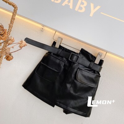 Girl Spring Autumn Pu Leather Skirt with Belt Baby Kids Children Fashion Clothes Two Colors