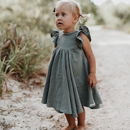 2020 neue Sommer-Baby-Kleider European America Kleinkind-Kind-Mädchen-Kleid-beiläufige Leinenkleidung Rüschen süße Prinzessin Dress