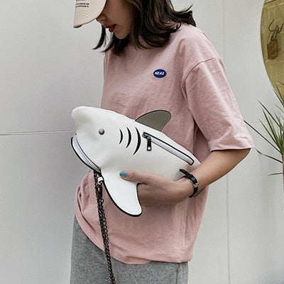 Fashion Shark Shaped Chains Umhängetasche für Frauen Schultasche Lustige PU-Leder-Karikatur-Umhängetaschen Lady Handbag Brands Sac