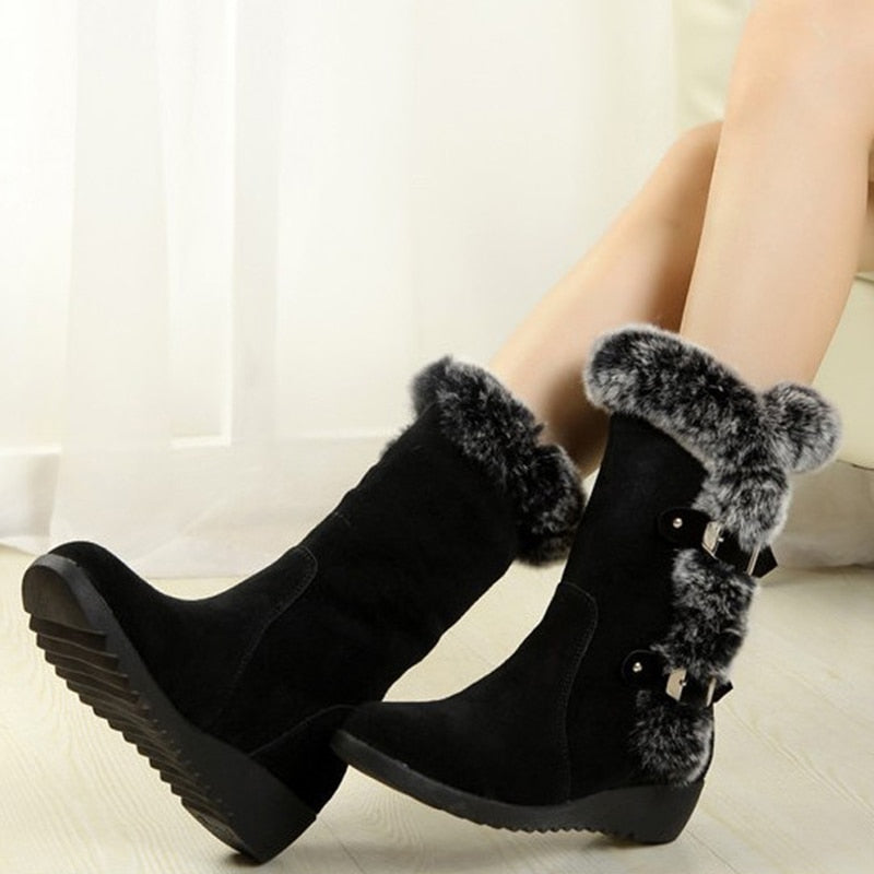 Women Winter Boots Flock Winter Shoes Ladies Fashion Snow Boots Shoes Thigh High Suede Mid-Calf Boots