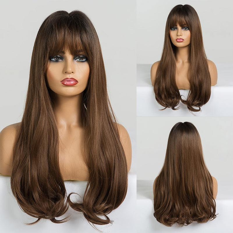 GEMMA Synthetic Long Wavy Dark Brown Golden Highlight Wig for Black Women African American Cosplay Wig with Bangs Heat Resistant