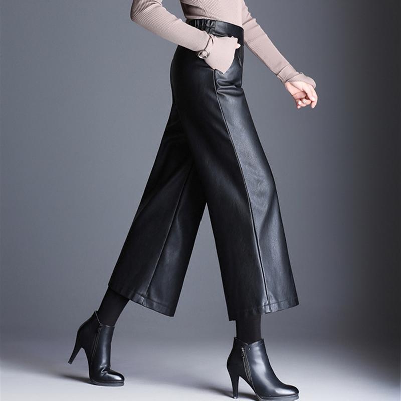 Pantalones de gran tamaño de cintura alta de Pu con pernera ancha hasta el tobillo para mujer, pantalones holgados negros brillantes de piel sintética para mujer, pantalones coreanos 2022