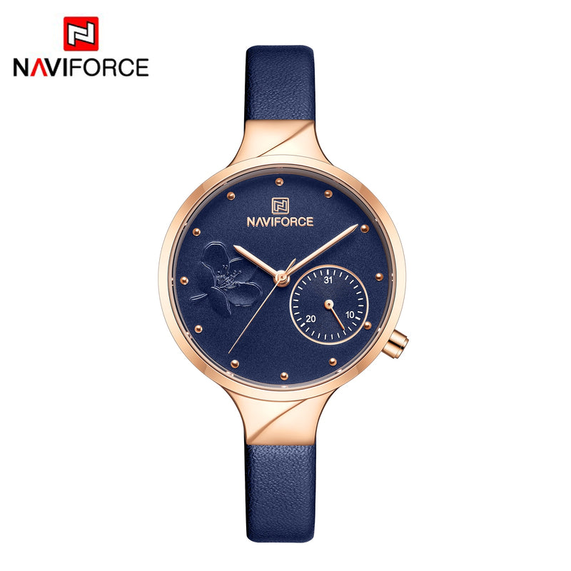 NAVIFORCE Women Fashion Blue Quartz Watch Lady Leather Watchband High Quality Casual Waterproof Wristwatch Gift for Wife 2019