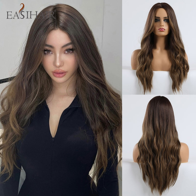 EASIHAIR Long Wavy Brown Synthetic Wigs With Blonde Highlights Cosplay Natural Hair Wigs High Temperature Fiber For Black Women