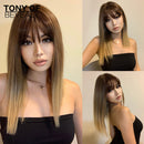 Medium Length Ombre Brown to Blonde Straight Hair Wigs with Bangs Synthetic Wigs for Women Cosplay Heat Resistant Natural Wigs