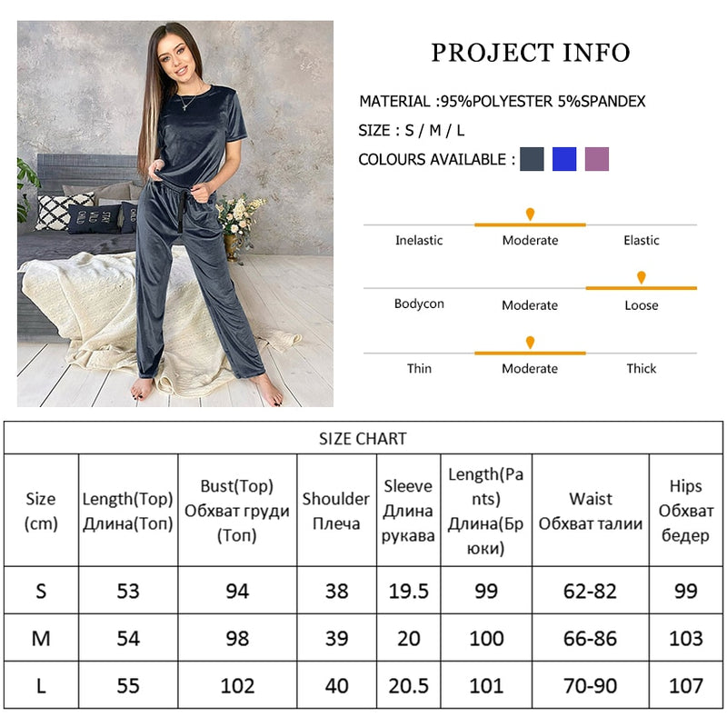 HiLoc Blue Velvet Sleepwear Winter Warm Home Suit Sets Female Pajamas Loose Pants Ribbon Knit Short Sleeve Two Piece Set Lounge