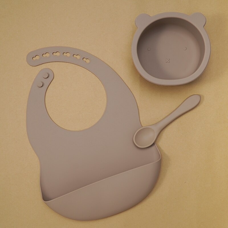 BPA Free Baby Silicone Tableware Waterproof Bib Flexible Saliva Towel Solid Color Sucker Bowl And Spoon For Children