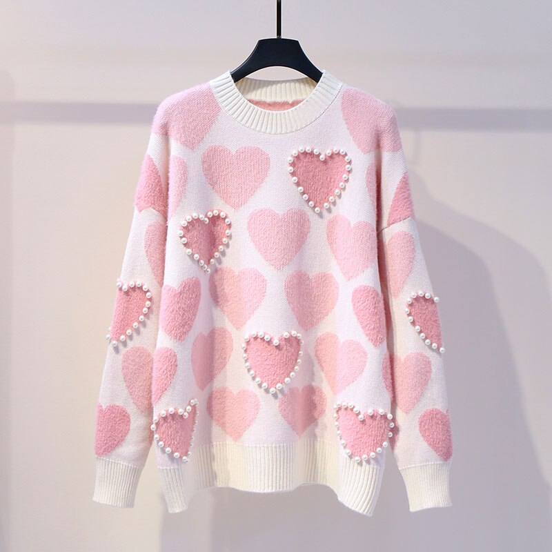 H.SA Damen-Strickpullover und -Pullover Oneck Pearls Beading Sweaters Sweet Heart Pull Jumpers Long Sleeve Kawaii Pull Femme