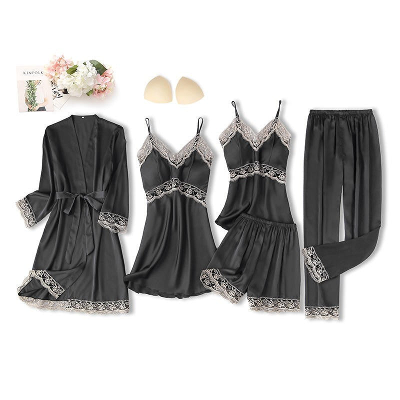 Black Sexy Women Robe Set Faux Silk Kimono Bathrobe Gown 5PCS Sleepwear Suit Hollow Out Lace Nightgown Home Wear Wedding Gift