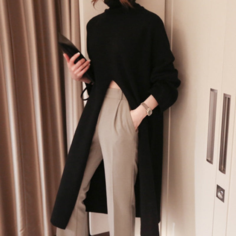 TWOTWINSTYLE Split Black Sweater Women Long Sleeve Turtleneck Knitted Pullover Tops Female Clothes Korean 2022 Winter New
