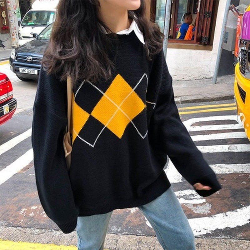 Strickpullover Frauen Casual Pullover Mode Argyle Pullover Winter College Stil Lose Top Frau Pullover Sueter De Mujer 2021