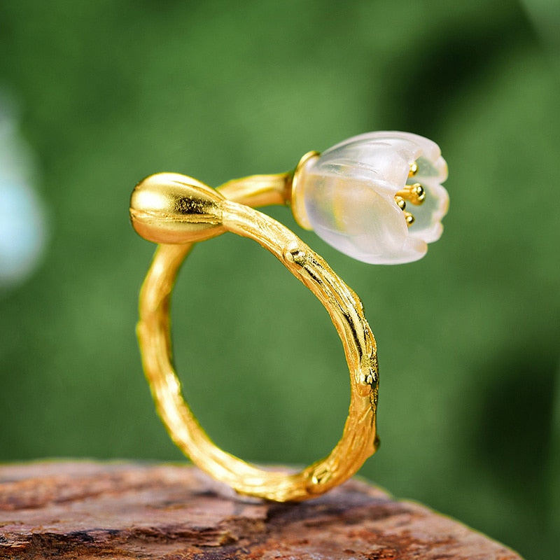 Anillo de oro de 18 quilates de Plata de Ley 925 auténtica de Lotus Fun, joyería fina hecha a mano de cristal Natural, anillos de flores de lirio de los valles para mujer