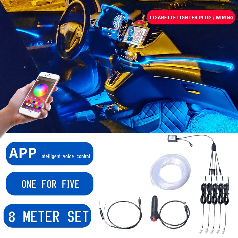 8M RGB Fiber Optic Car Interior Decorative Ambient Light App Sound Control LED Strip Cigarette Lighter Auto Atmosphere Lamp 12V