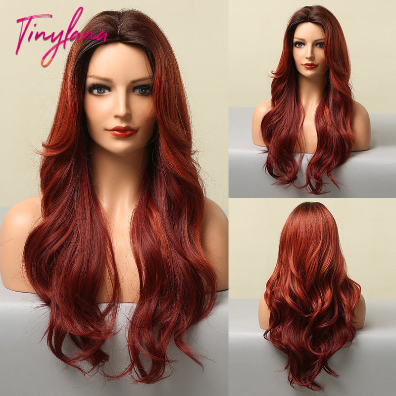 TINY LANA sintético largo Ombre pelucas onduladas marrón Rubio parte media pelucas de Cosplay con flequillo para mujeres pelucas de pelo largo pelo falso