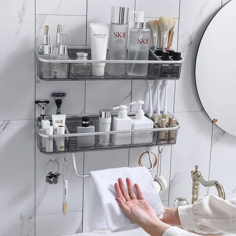 Estante de baño sin perforaciones, organizador de estante de almacenamiento de toallas cosméticas para champú, soporte de esquina de baño, artículos para el hogar, accesorios de baño