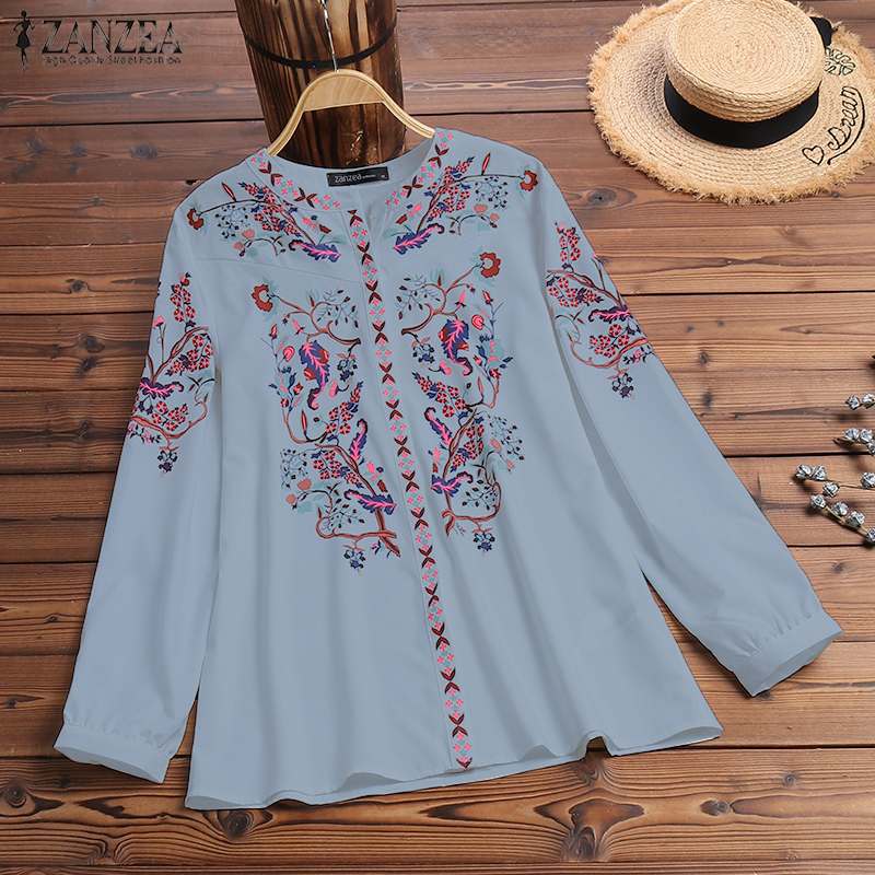 ZANZEA 2022 Mode Gedruckt Tops Frauen Herbst Bluse Bohemian V-Ausschnitt Langarm Shirts Weibliche Beiläufige Lose Blusas Übergroß