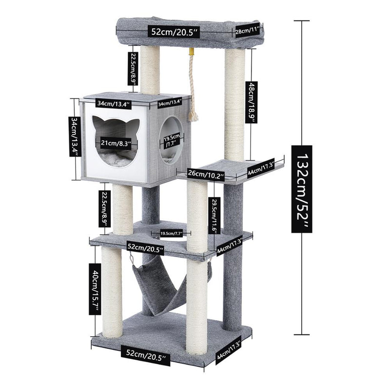 Torre de actividades para gatos moderna con árbol para gatos de varios niveles de pulgadas con postes para rascar sisal hamaca y juguete para gatos con percha superior extragrande