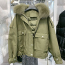 Janveny Real Fox Fur Women's Down Jacket 2021 Short Loose 90% White Duck Down Coat Fashion Female Big Pocket Puffer Snow Outwear