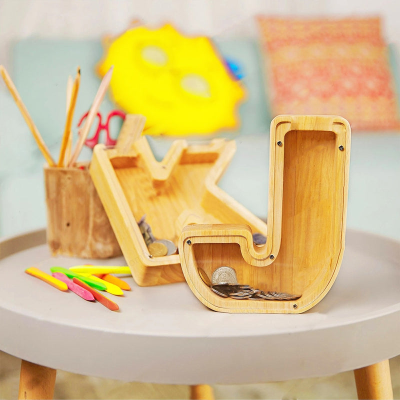 Hucha con letras de madera en inglés veintiséis, adornos transparentes personalizados para decoración del hogar, caja de dinero, letras decorativas grandes