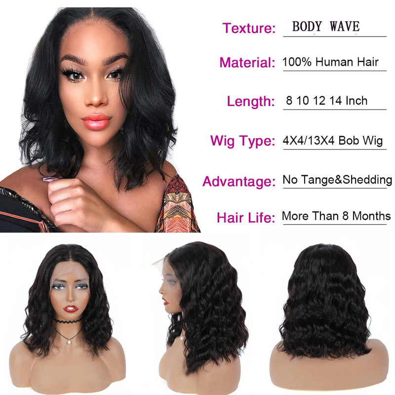 Uneed Body Wave Lace Front Pelucas de cabello humano Remy Brazilian Hair Body Wave Peluca corta 13X4 Lace Front Pelucas Bob Lace Closure Pelucas