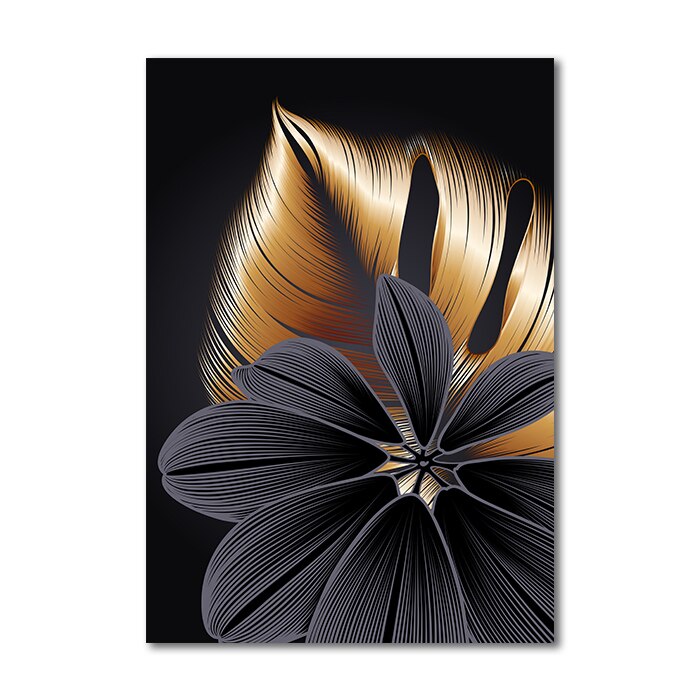 Lienzo de lujo negro y dorado, póster de flores de plantas abstractas, dibujo de líneas HD, decoración estética para habitación, pintura de arte moderno Pop